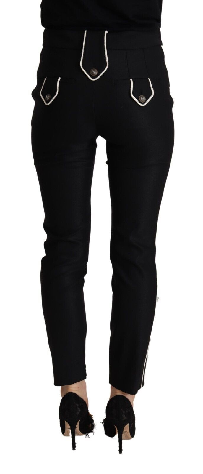 Dolce &amp; Gabbana Black Mid Waist Button Pinalamutian na Slim Fit Pants