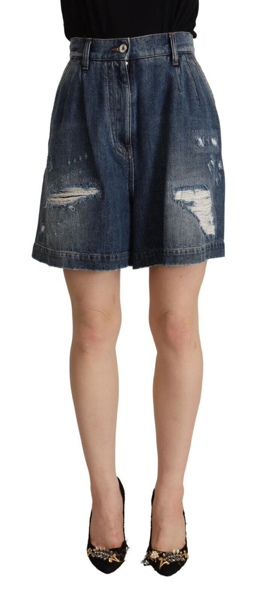 Dolce &amp; Gabbana Blue Distressed Cotton High Waist Bermuda Shorts