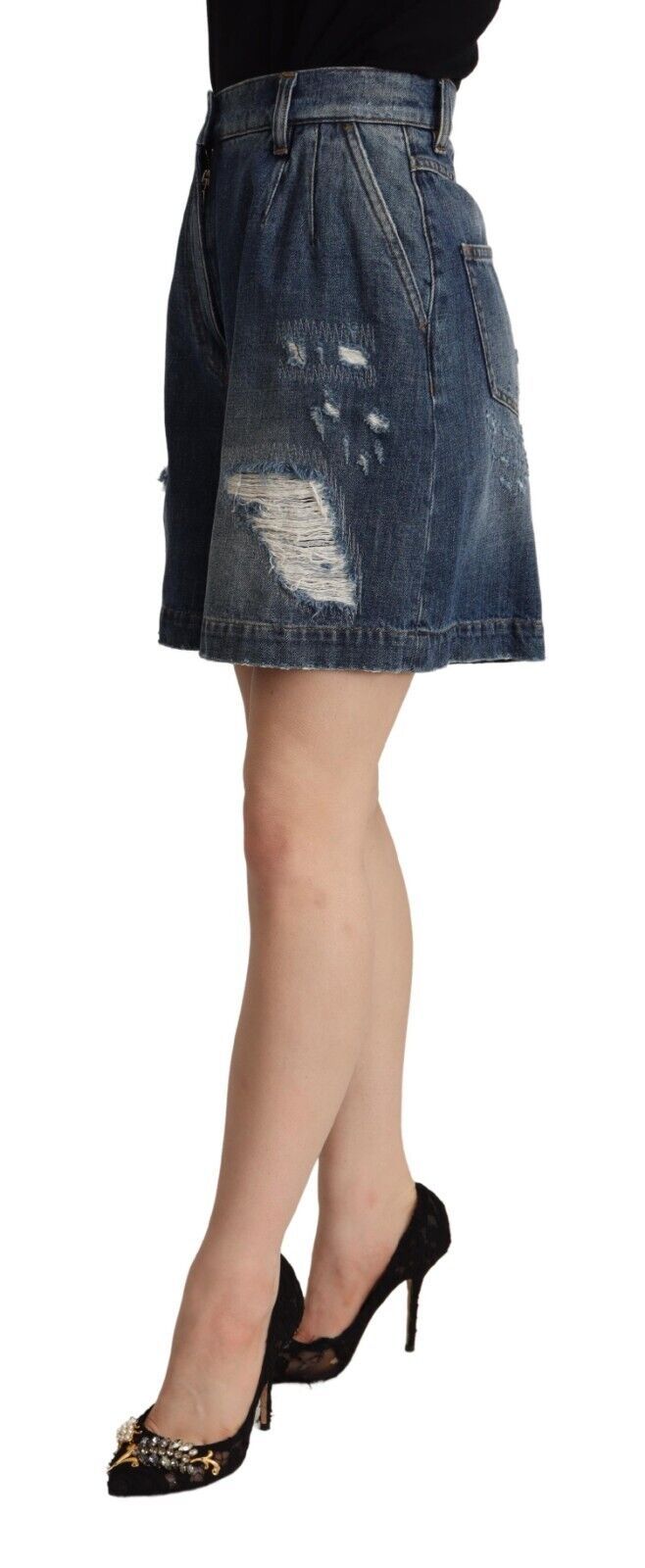 Dolce &amp; Gabbana Blue Distressed Cotton High Waist Bermuda Shorts