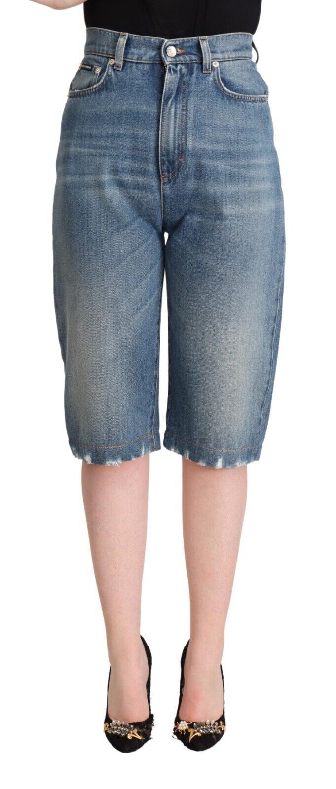 Dolce &amp; Gabbana Blue Washed Cotton High Waist Denim Cropped Jeans