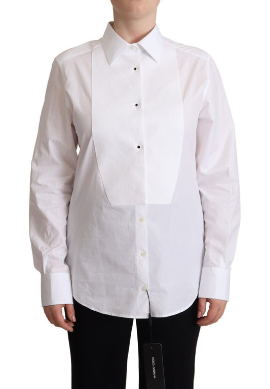 Dolce &amp; Gabbana White Cotton Dress Collared Long Sleeves Shirt Top