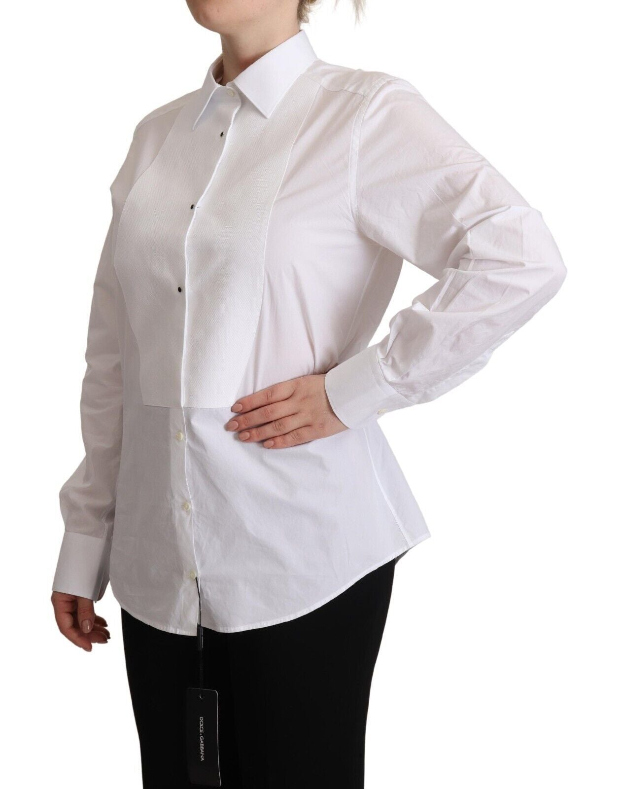 Dolce &amp; Gabbana White Cotton Dress Collared Long Sleeves Shirt Top