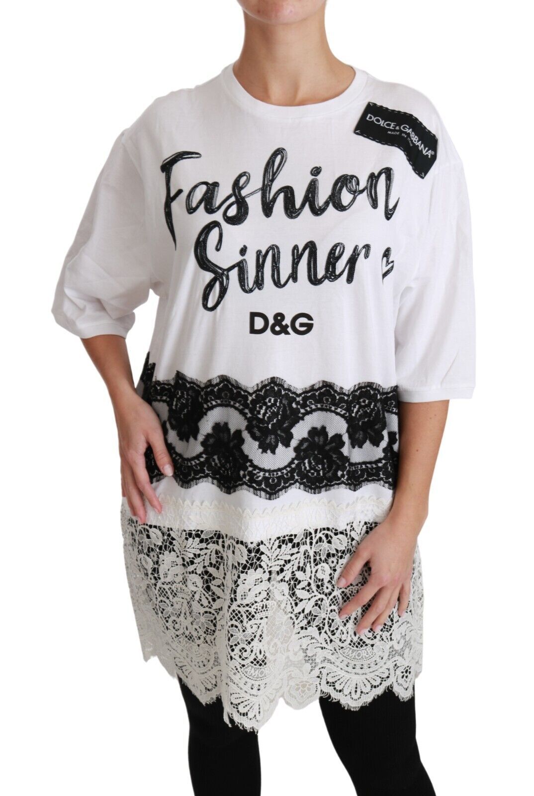 Dolce &amp; Gabbana Weißes Fashion Sinner T-Shirt-Oberteil aus Baumwolle mit Spitze