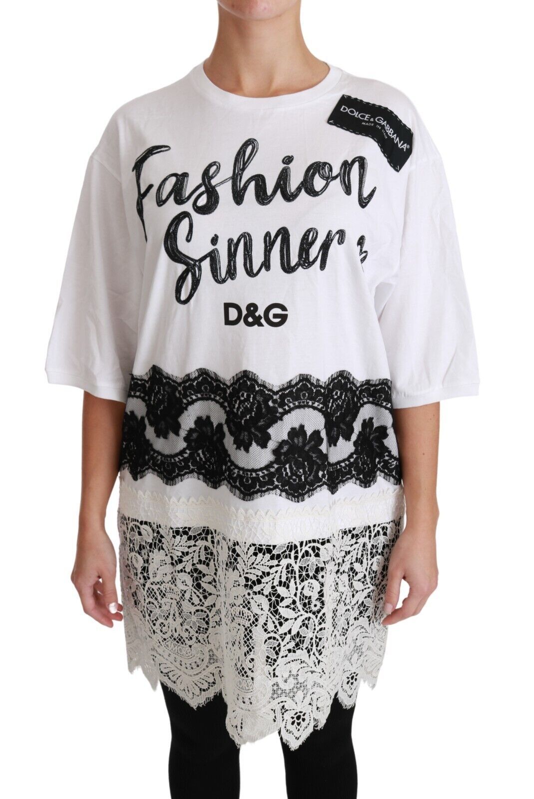 Dolce &amp; Gabbana Weißes Fashion Sinner T-Shirt-Oberteil aus Baumwolle mit Spitze