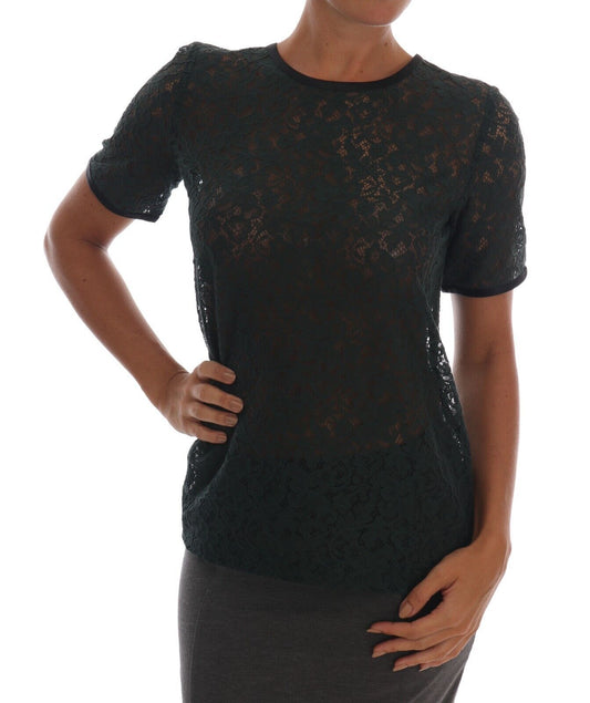 Dolce &amp; Gabbana Dark Green Cotton Floral Lace Round Neck Blouse Top