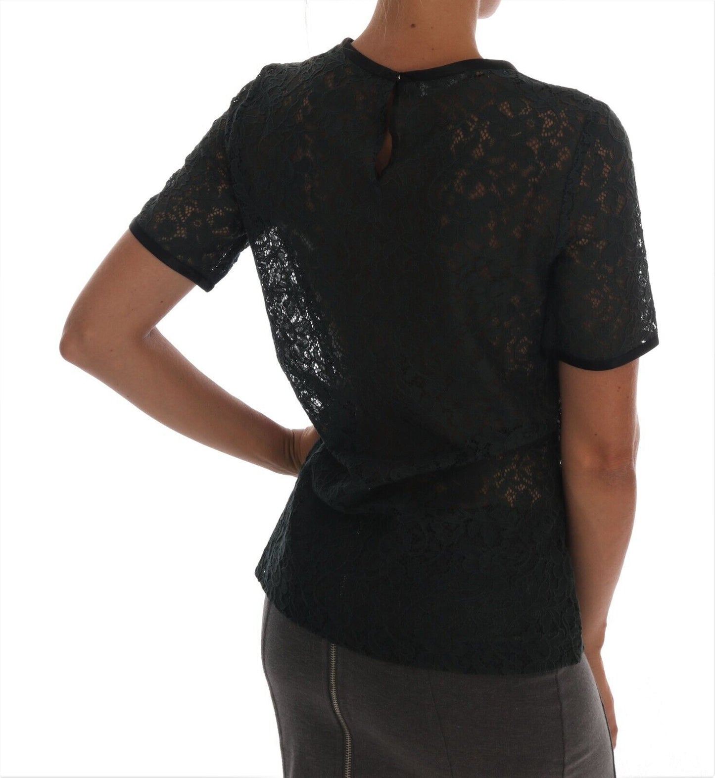 Dolce &amp; Gabbana Dark Green Cotton Floral Lace Round Neck Blouse Top