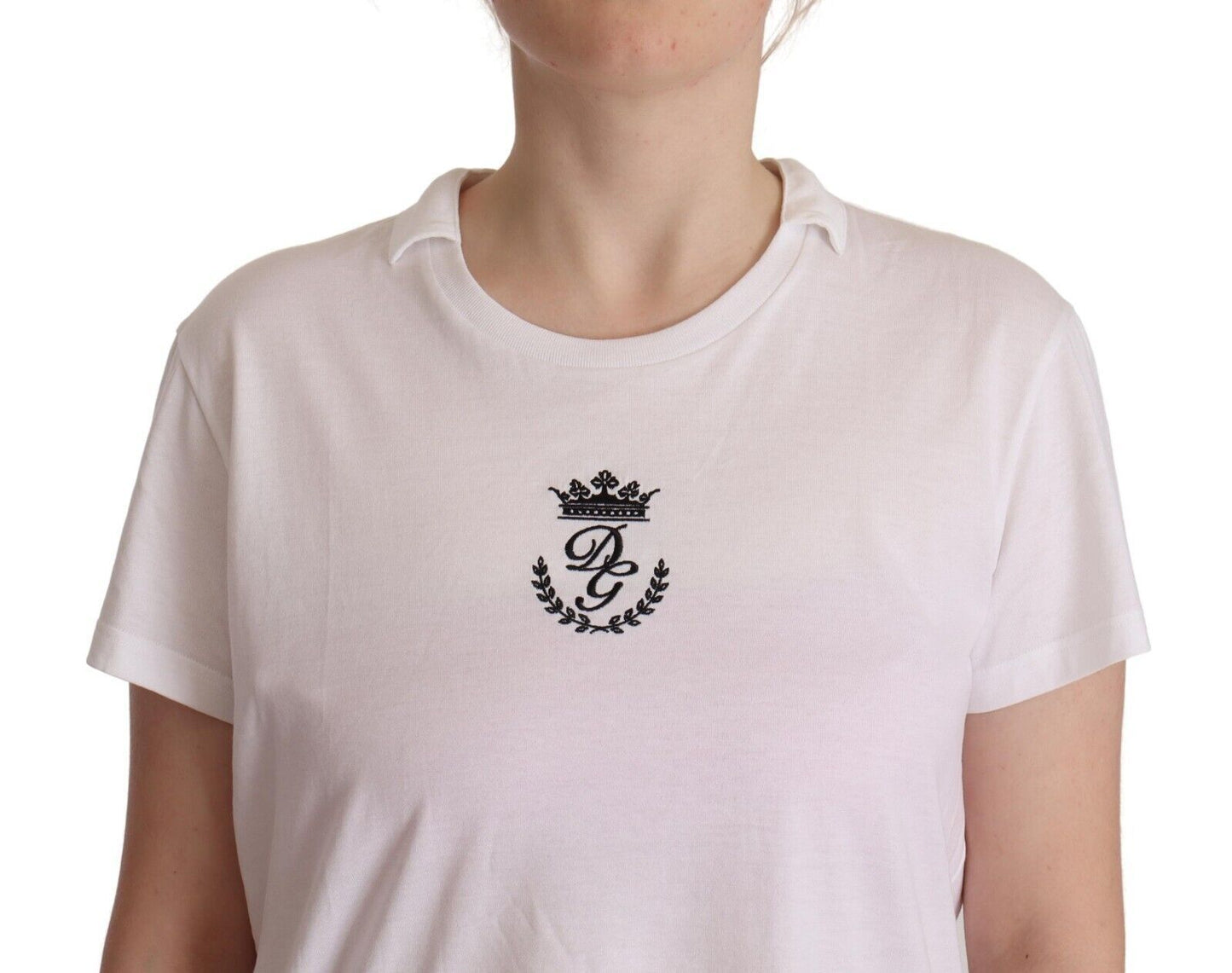 Dolce &amp; Gabbana Weißes T-Shirt aus Baumwolle mit DG Crown-Print und Kragen