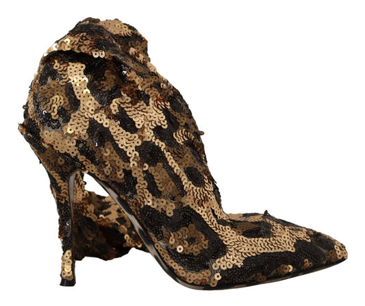 Dolce &amp; Gabbana Gold Leopard Sequins Heels Boots Shoes