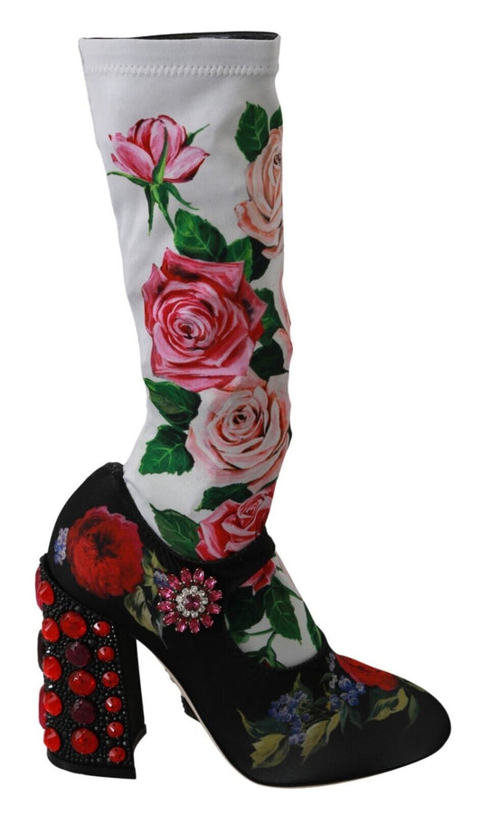 Dolce &amp; Gabbana Black Floral Socks Crystal Jersey Boots Shoes