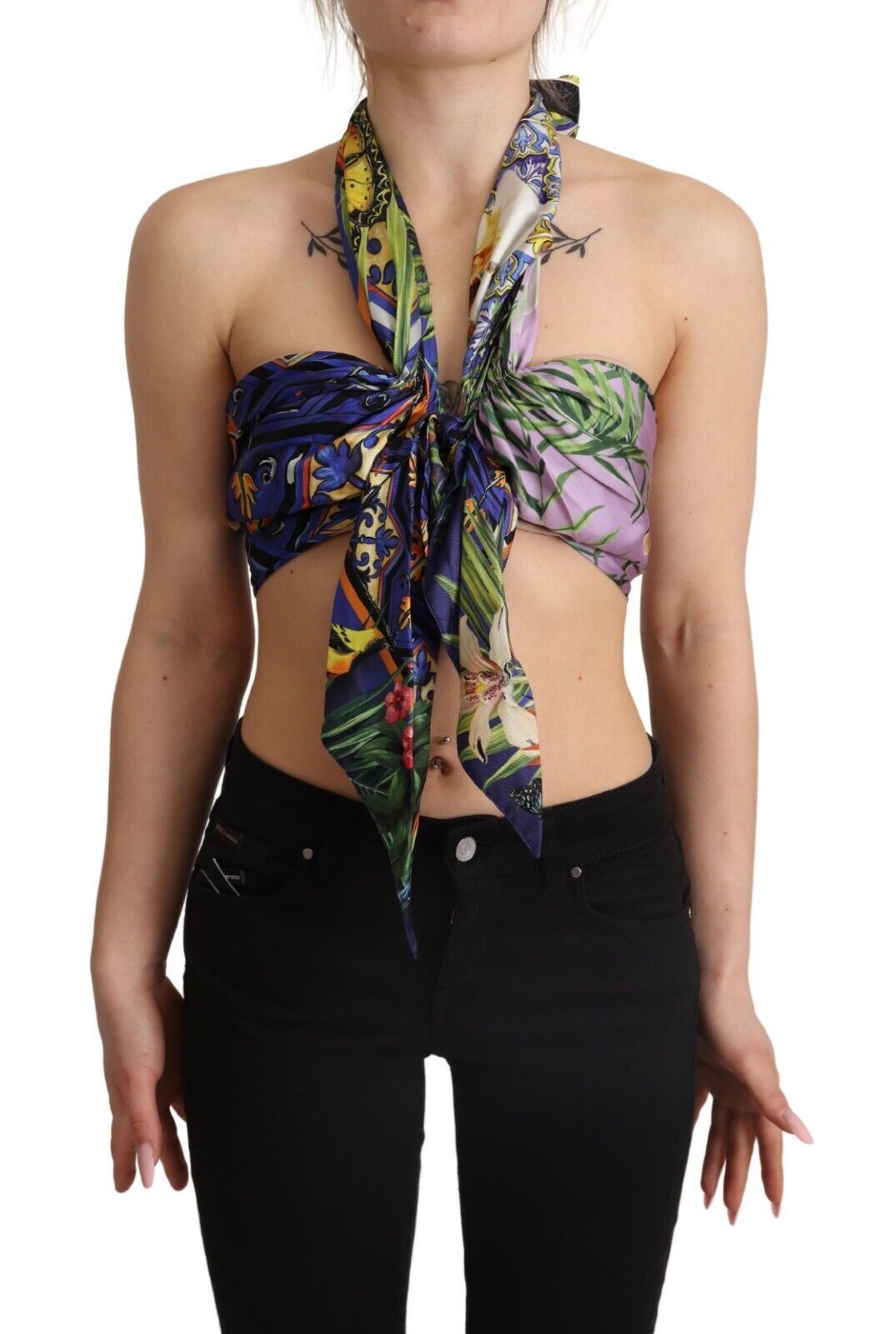 Dolce &amp; Gabbana Multicolor Foulard Silk Halter Cropped Top