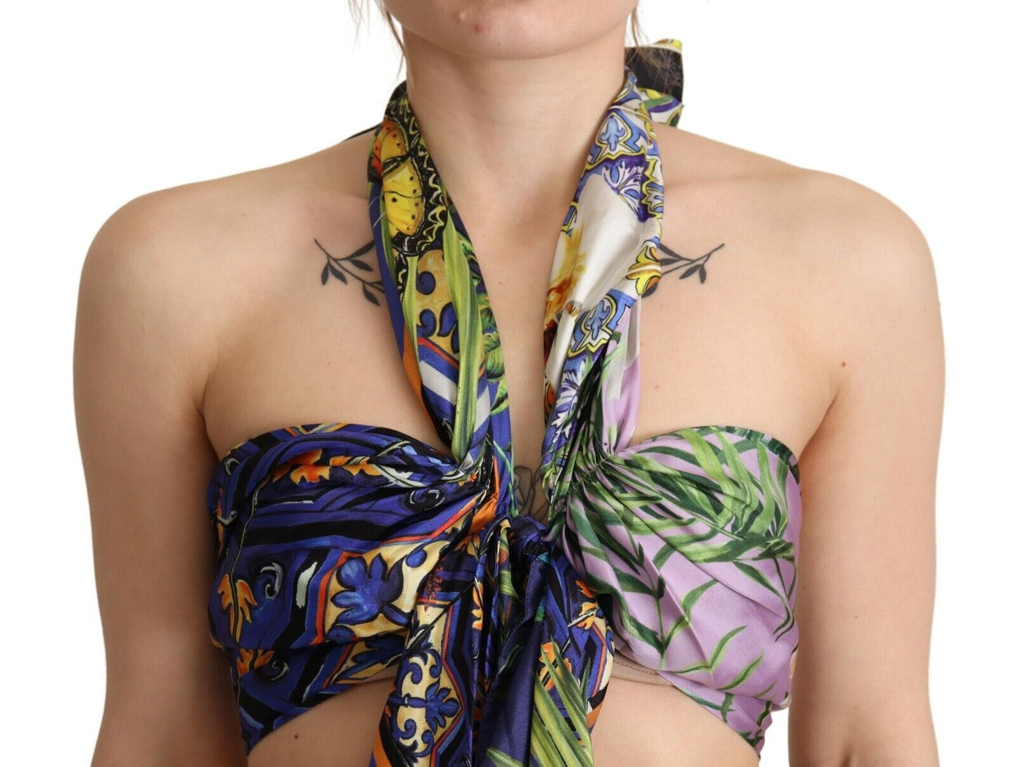 Dolce &amp; Gabbana Multicolor Foulard Silk Halter Cropped Top