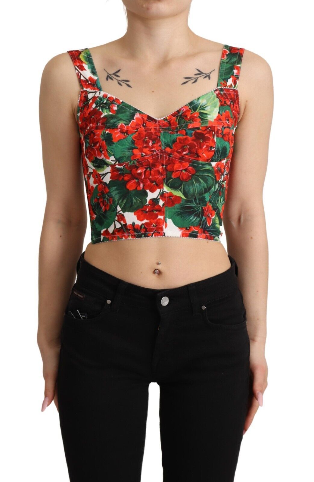 Dolce &amp; Gabbana Red Geranium Print Viskose Sweetheart Crop Top