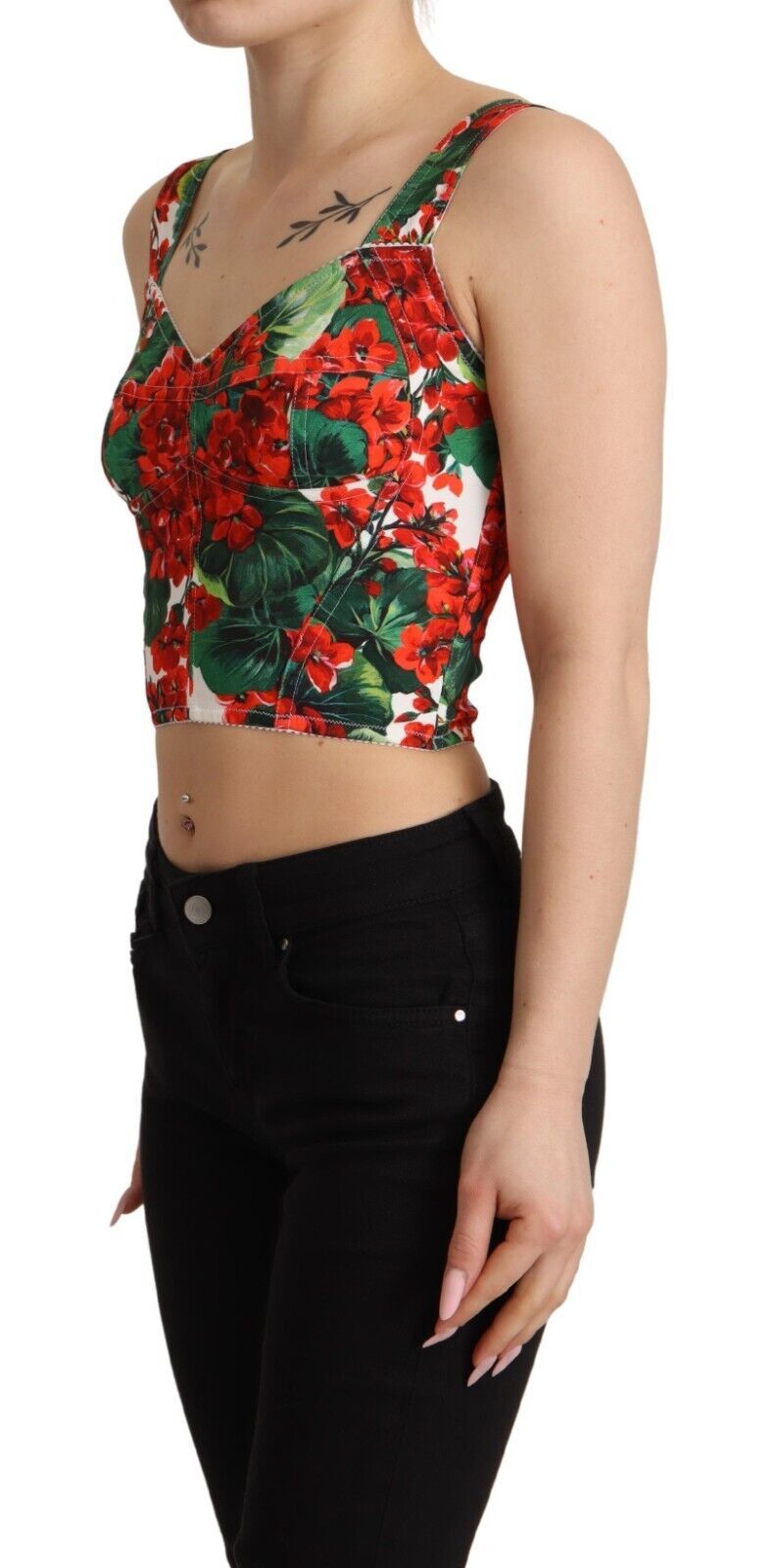 Dolce &amp; Gabbana Red Geranium Print Viskose Sweetheart Crop Top