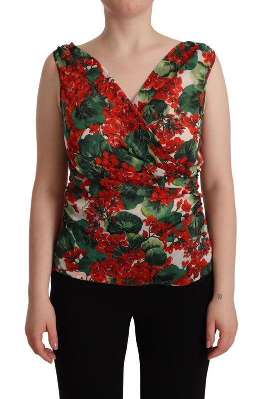 Dolce &amp; Gabbana Multicolor Geranium Silk Walang Sleeve V-neck Top