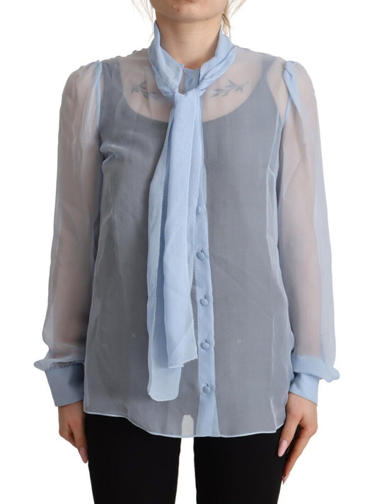 Dolce &amp; Gabbana Light Blue Silk Ascot Collar Long Sleeves Blouse Top