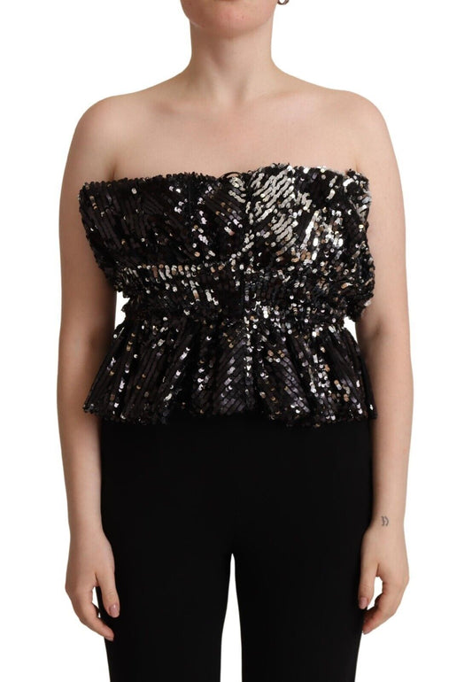 Aniye Ni Black Sequined Polyester Strapless Cocktail Blouse Top