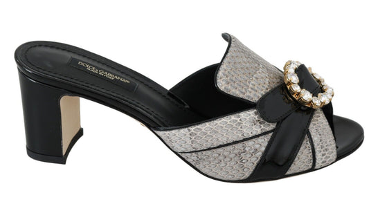 Dolce &amp; Gabbana Black Gray Exotic Leather Crystals Sandals Shoes