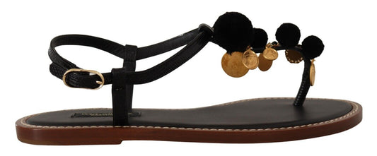 Dolce &amp; Gabbana Black Leather Coins Flip Flops Sandals Shoes