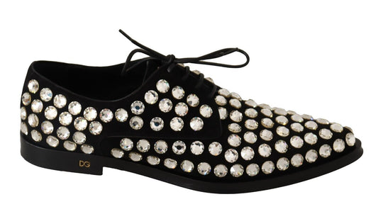 Dolce &amp; Gabbana Black Leather Crystals Lace Up Formal Shoes