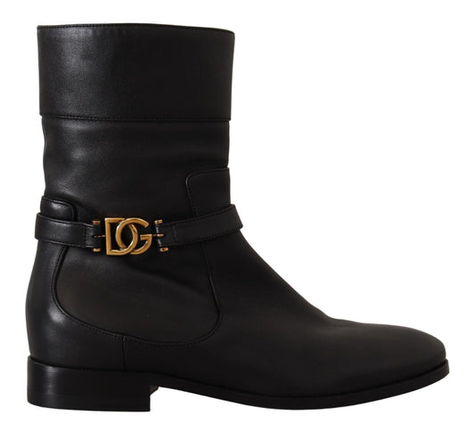 Dolce &amp; Gabbana Black Leather Flats Logo Short Boots Shoes