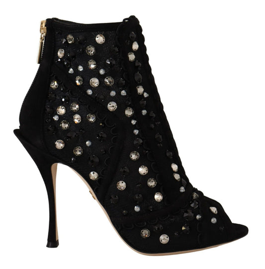 Dolce &amp; Gabbana Black Crystals Heels Zipper Short Boots Shoes