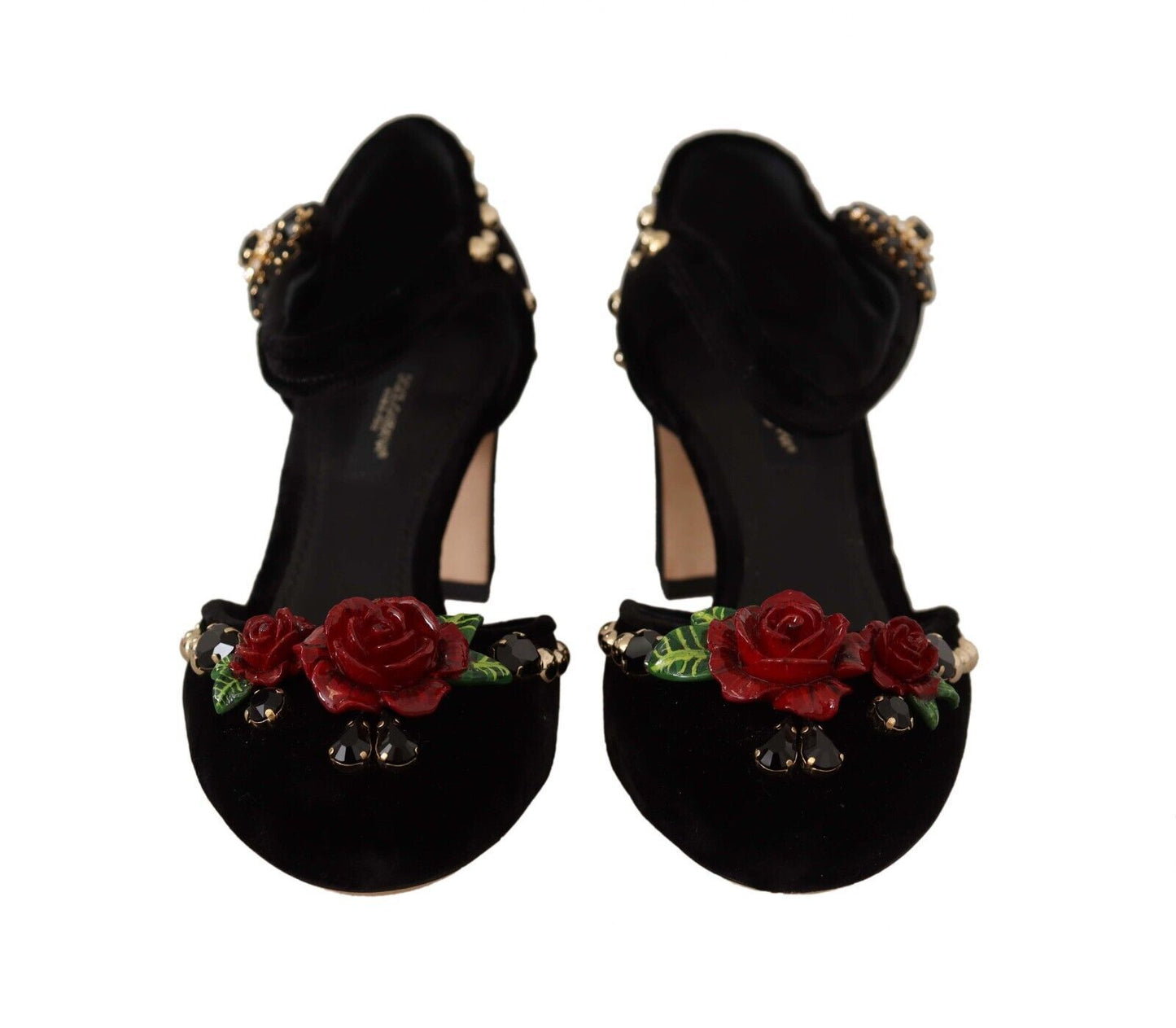 Dolce & Gabbana Black Crystal Rose Heel Sandals