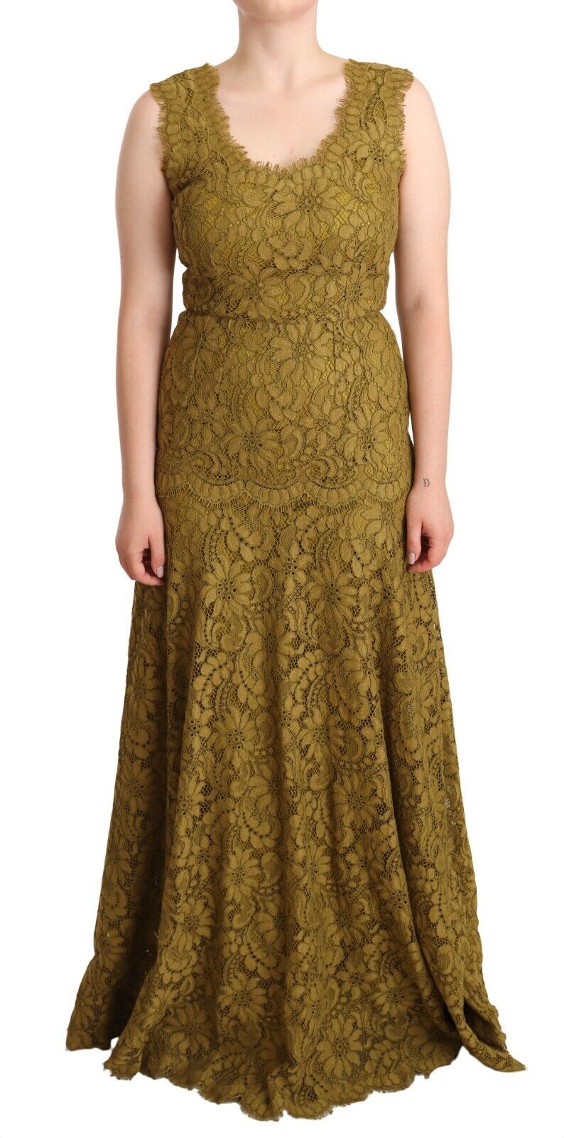 Dolce &amp; Gabbana Brown Floral Lace Maxi Floor Length Dress