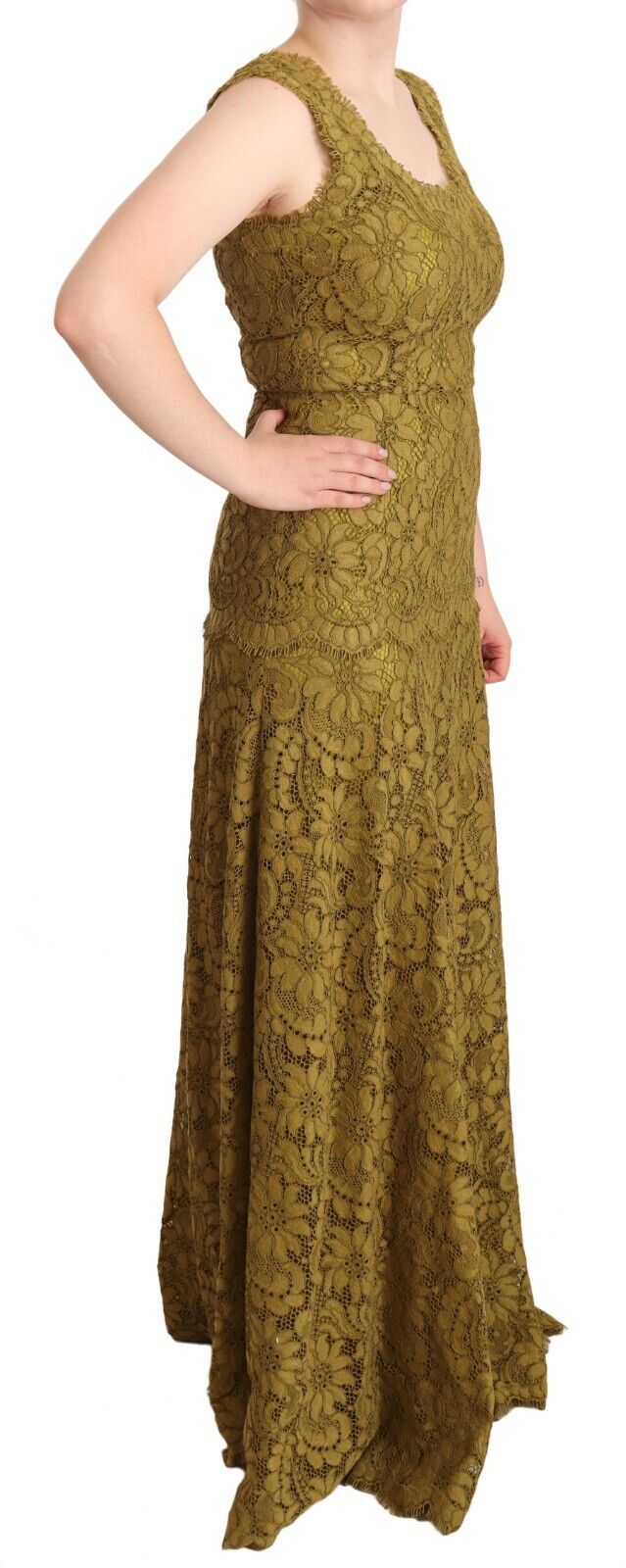 Dolce &amp; Gabbana Brown Floral Lace Maxi Floor Length Dress