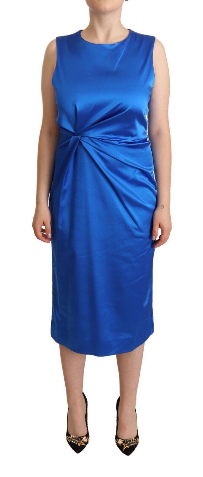 PAROSH Blue Acetate na walang manggas na Pleated Midi Sheath Dress