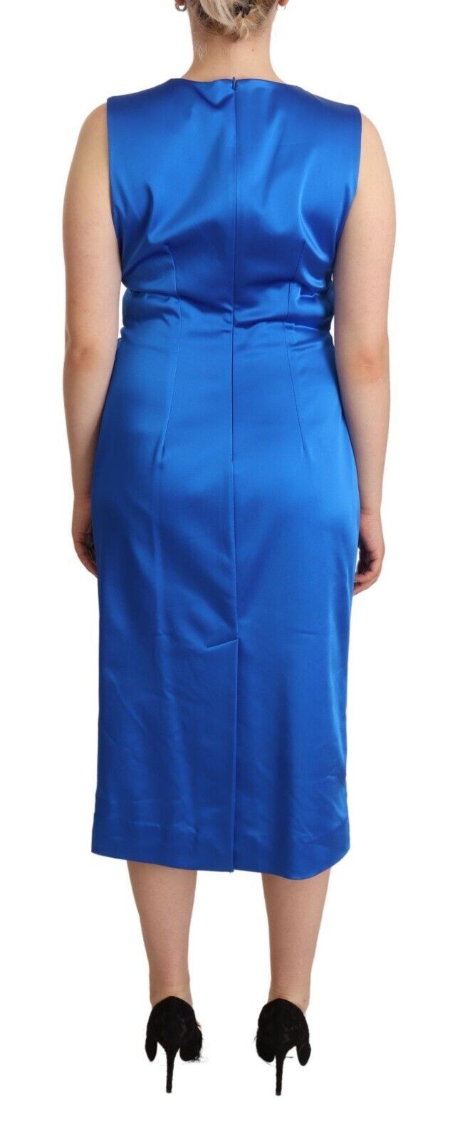 PAROSH Blue Acetate na walang manggas na Pleated Midi Sheath Dress