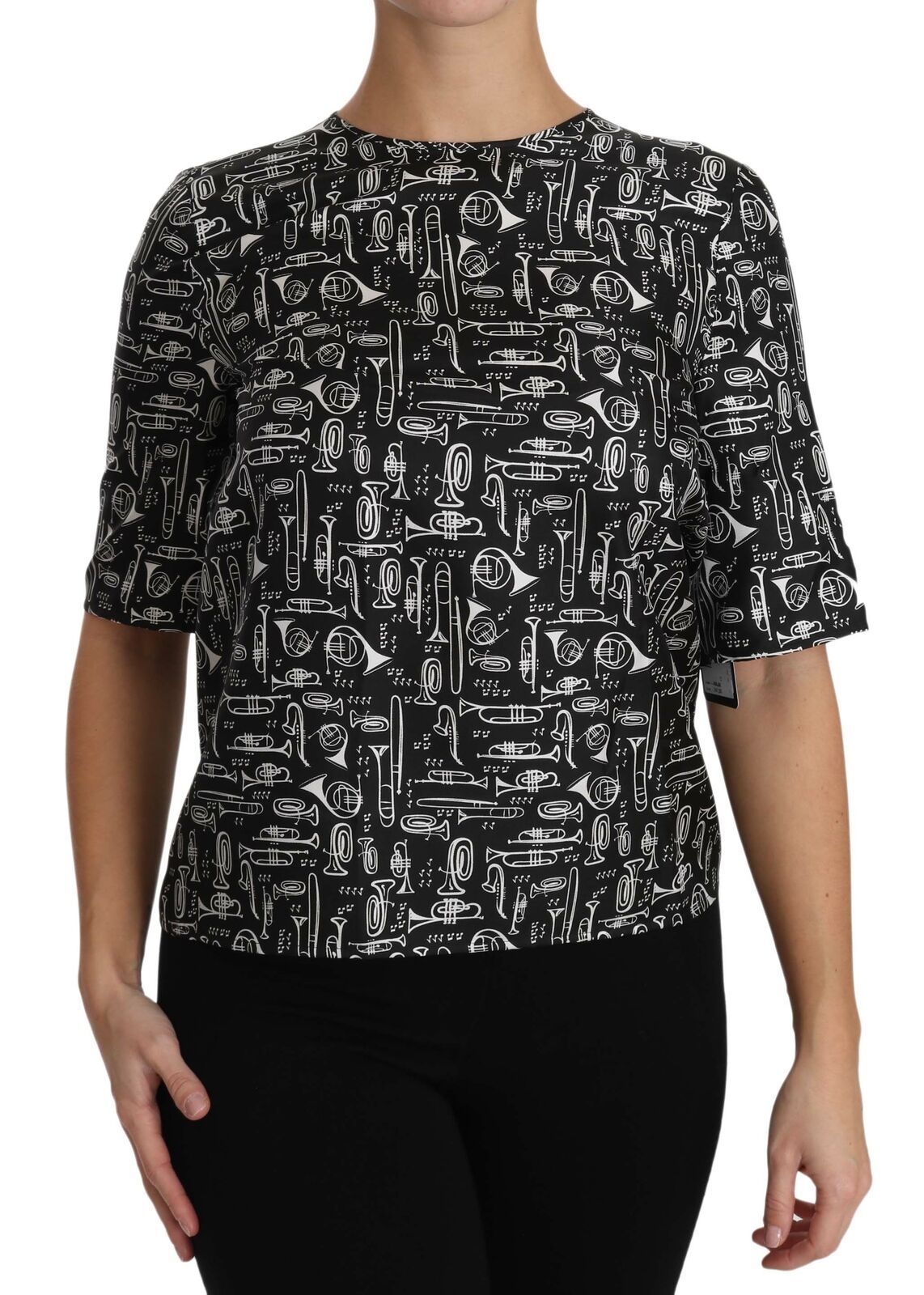 Dolce &amp; Gabbana Black Musical Instruments Print Silk Blouse