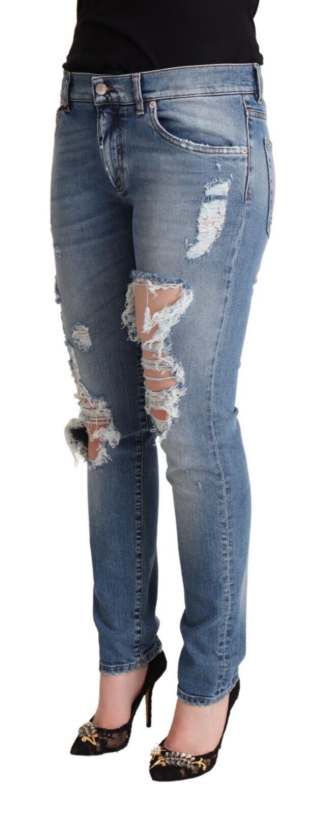 Dolce &amp; Gabbana Blue Distressed Cotton Denim Skinny Jeans