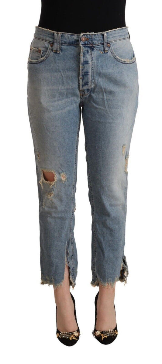 CYCLE Hellblaue Distressed-Jeans mit mittlerer Taille und verkürzter Länge