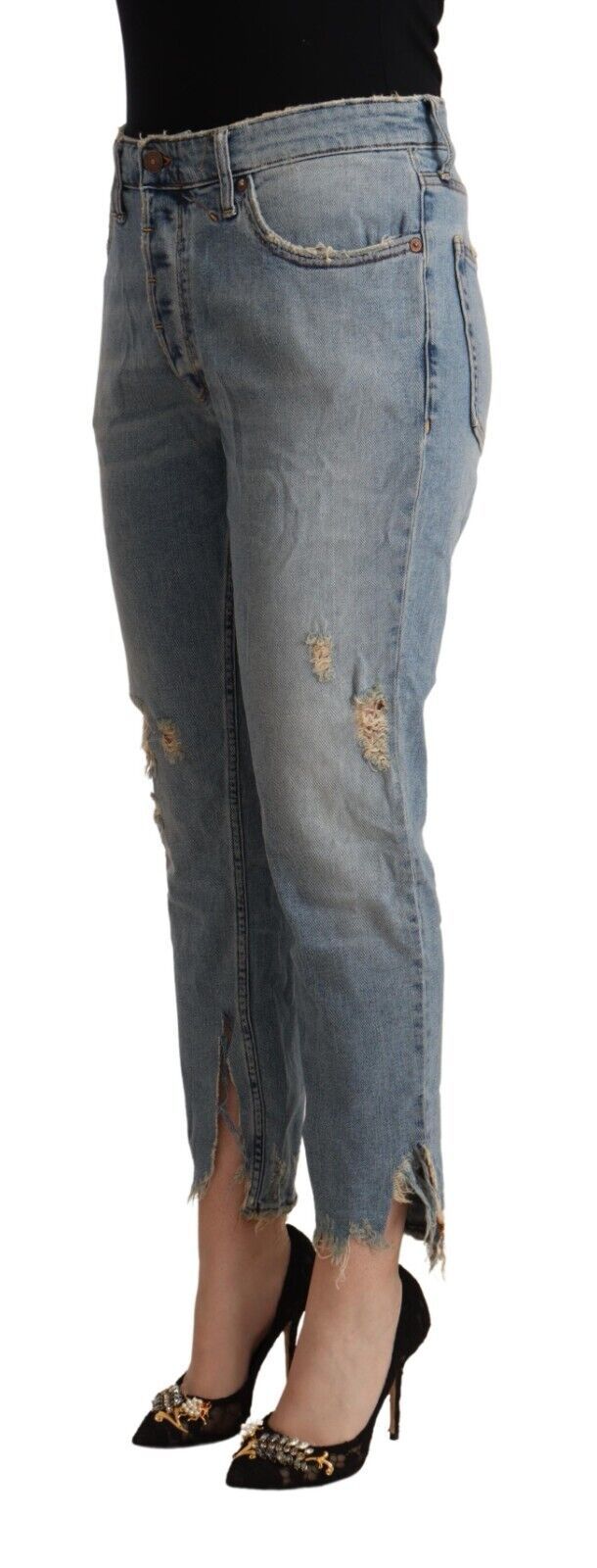 CYCLE Hellblaue Distressed-Jeans mit mittlerer Taille und verkürzter Länge