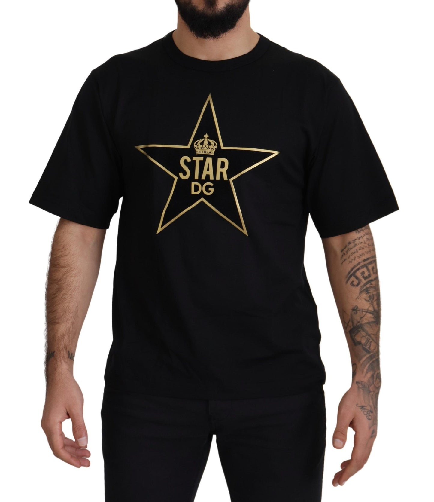 Dolce &amp; Gabbana Schwarzgold STAR Crown DG Baumwoll-T-Shirt mit Rundhalsausschnitt