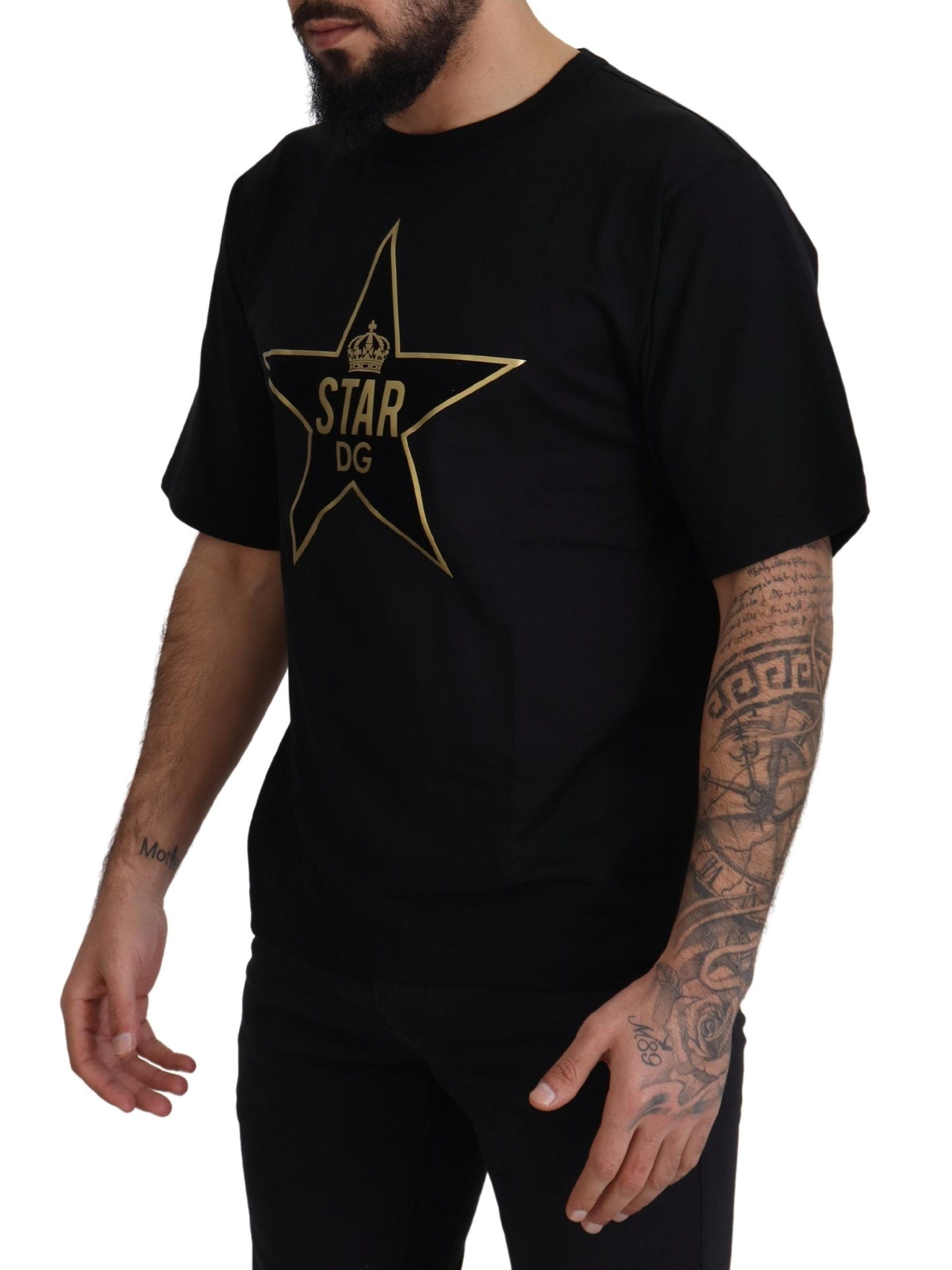 Dolce &amp; Gabbana Schwarzgold STAR Crown DG Baumwoll-T-Shirt mit Rundhalsausschnitt