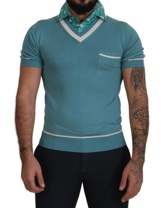 Dolce &amp; Gabbana Blue Silk Polo Top Mens V-neck T-shirt