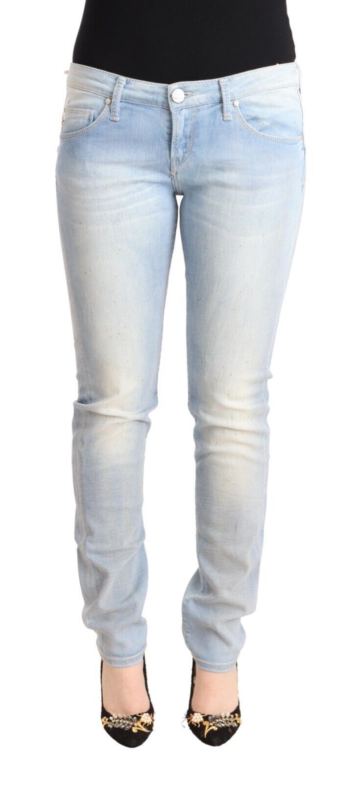 Acht hellblaue Skinny-Jeans aus gewaschener Baumwolle mit niedriger Taille