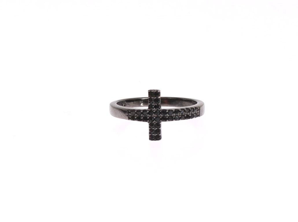 Nialaya schwarzer CZ-Kreuz-Rhodium-925-Ring