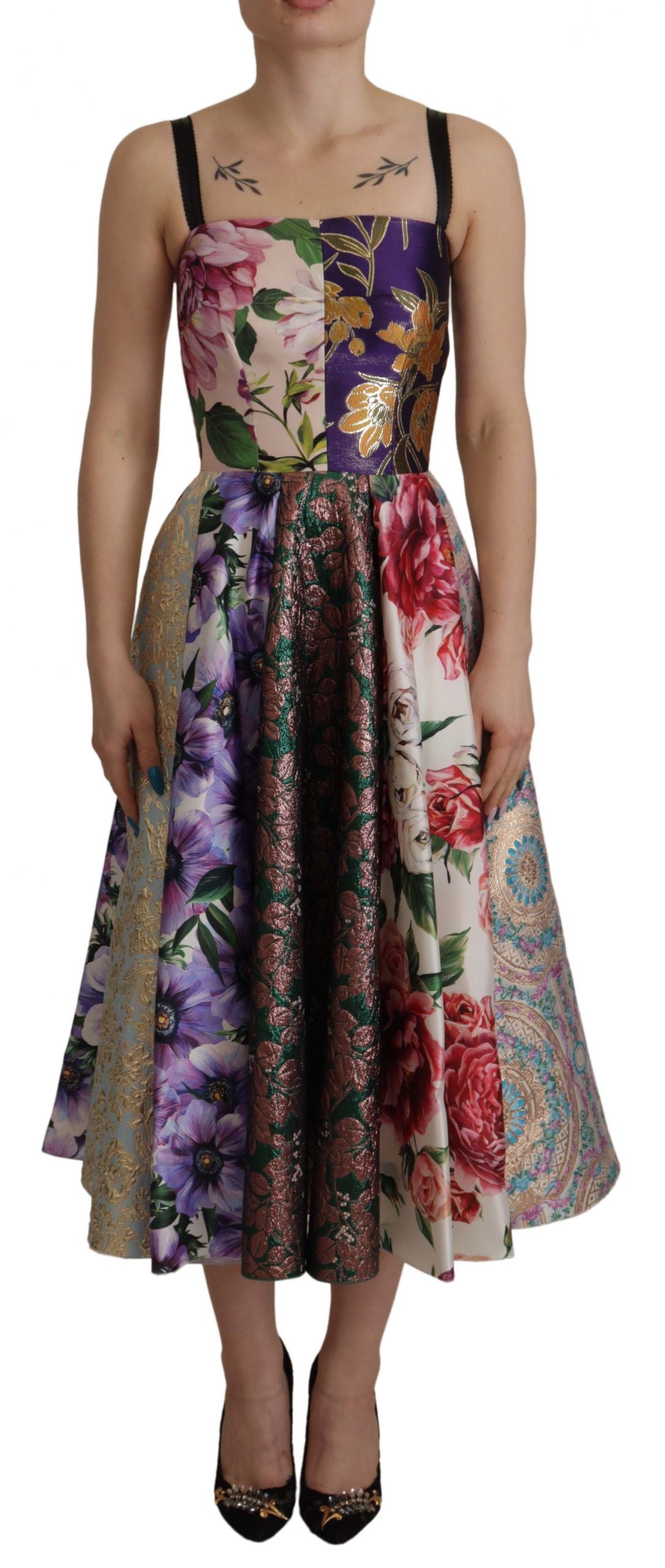 Dolce &amp; Gabbana Dress Midi Patchwork Floral Jaquard Silk