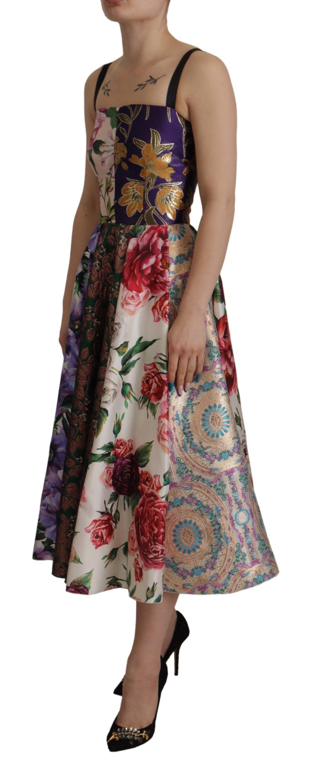 Dolce &amp; Gabbana Dress Midi Patchwork Floral Jaquard Silk