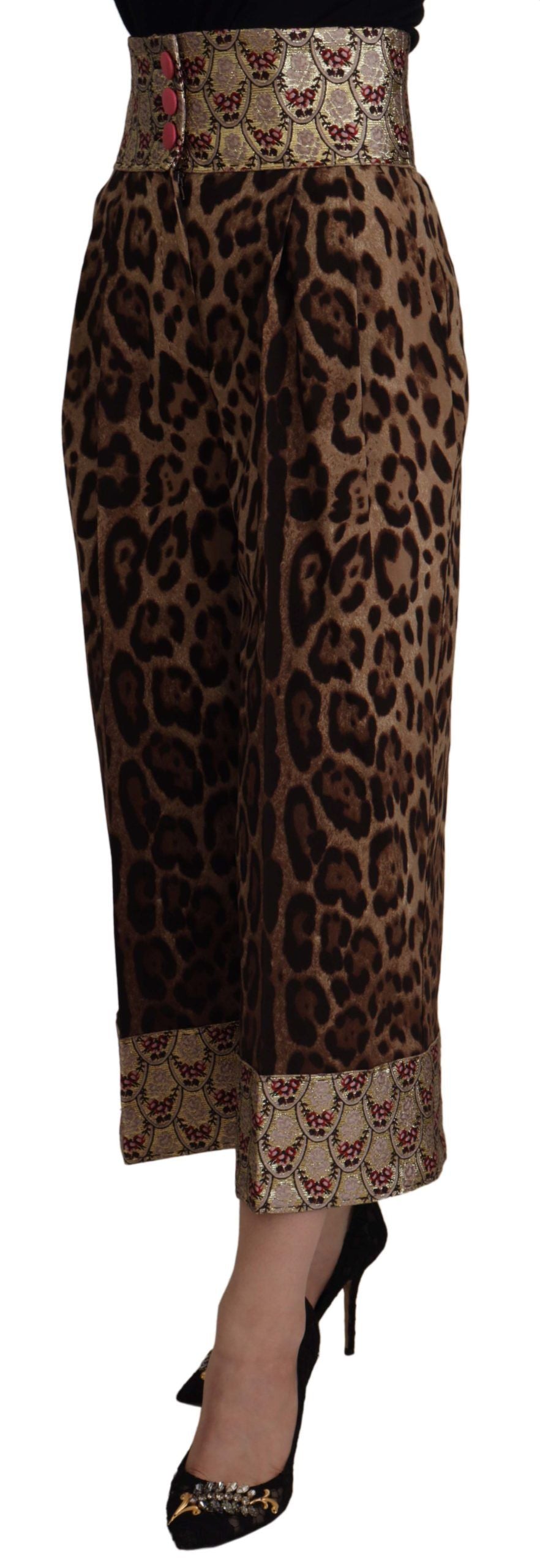 Dolce &amp; Gabbana Brown Leopard Gold Jacquard High Waist Pants