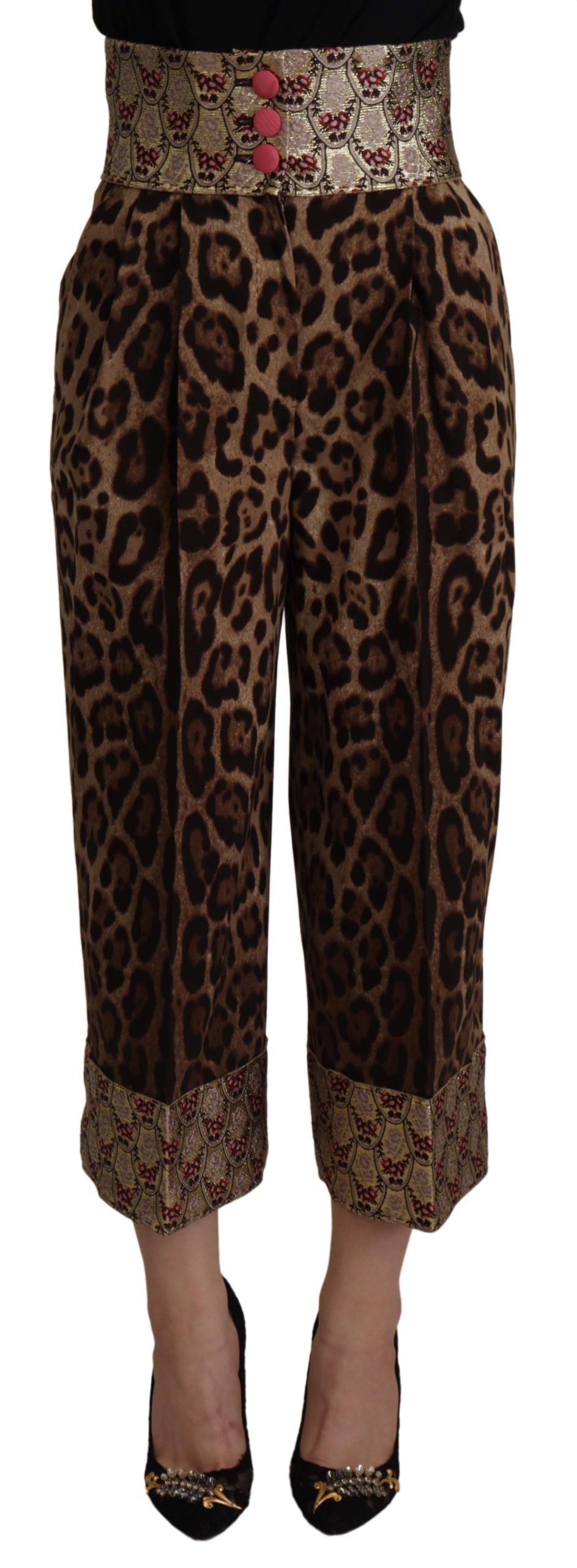 Dolce &amp; Gabbana Brown Leopard Gold Jacquard High Waist Pants