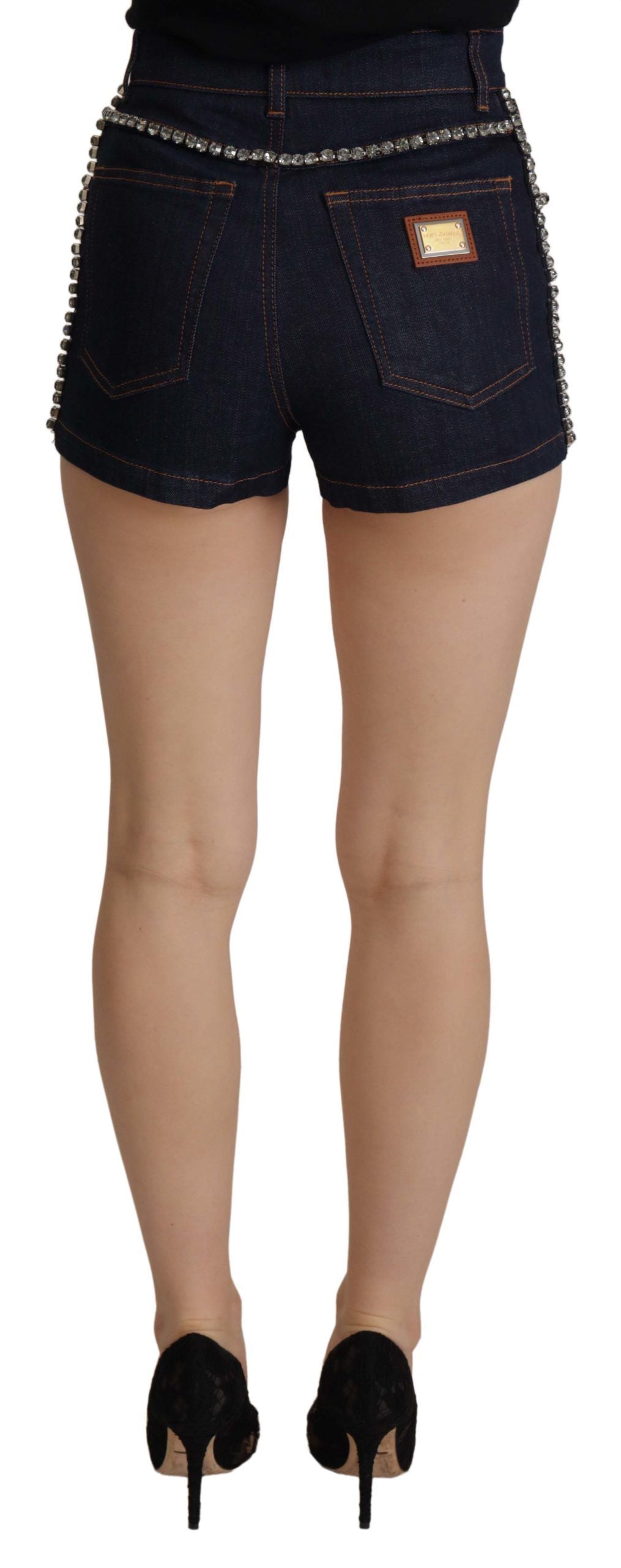 Dolce &amp; Gabbana Blue Denim Stretch Crystal Hot Pants Shorts