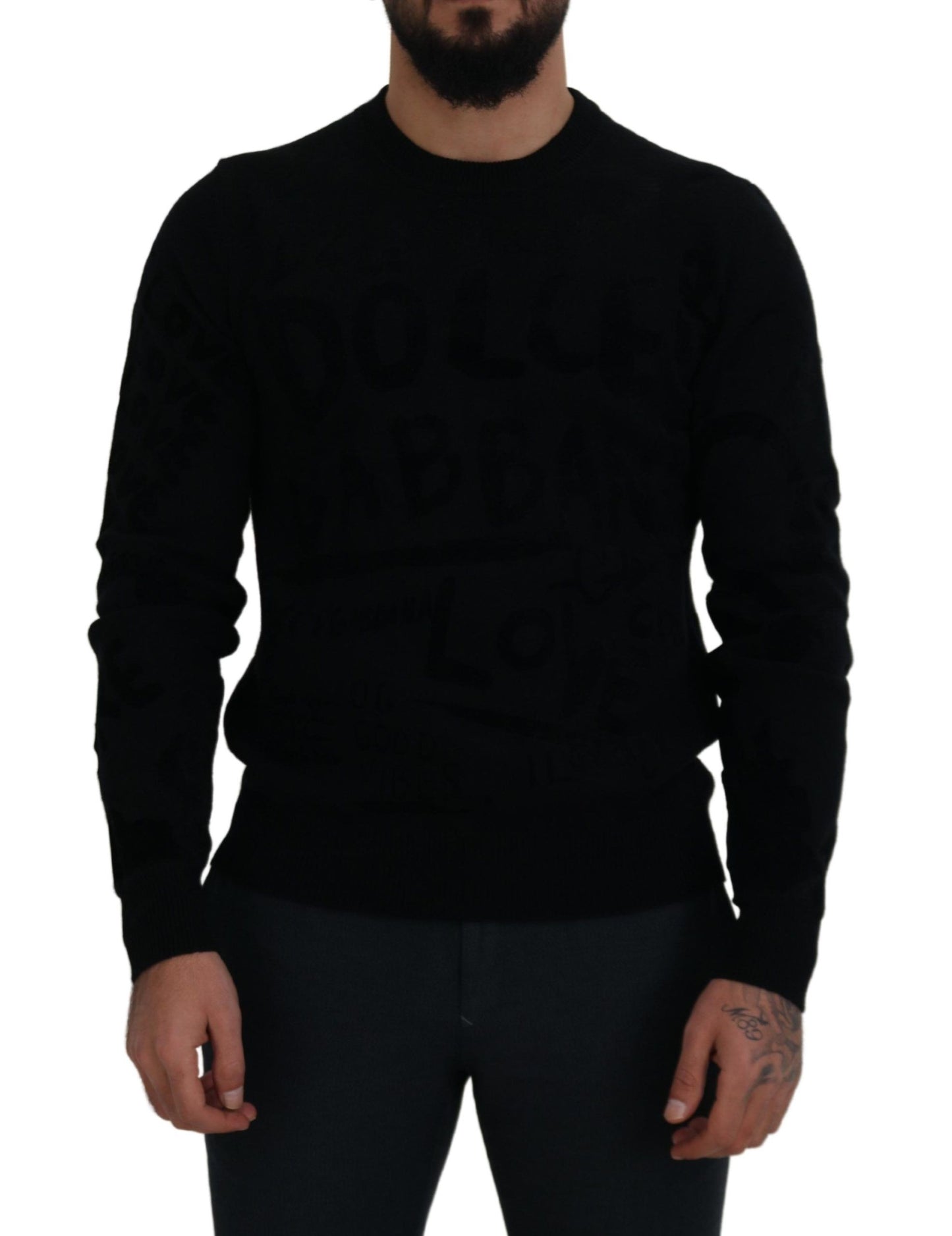 Dolce &amp; Gabbana Pullover mit Rundhalsausschnitt aus schwarzer Wolle mit Logomuster