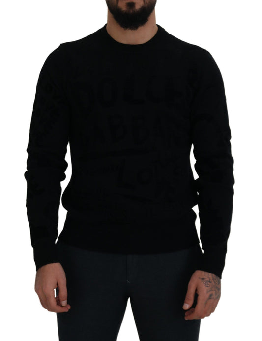 Dolce &amp; Gabbana Pullover mit Rundhalsausschnitt aus schwarzer Wolle mit Logomuster