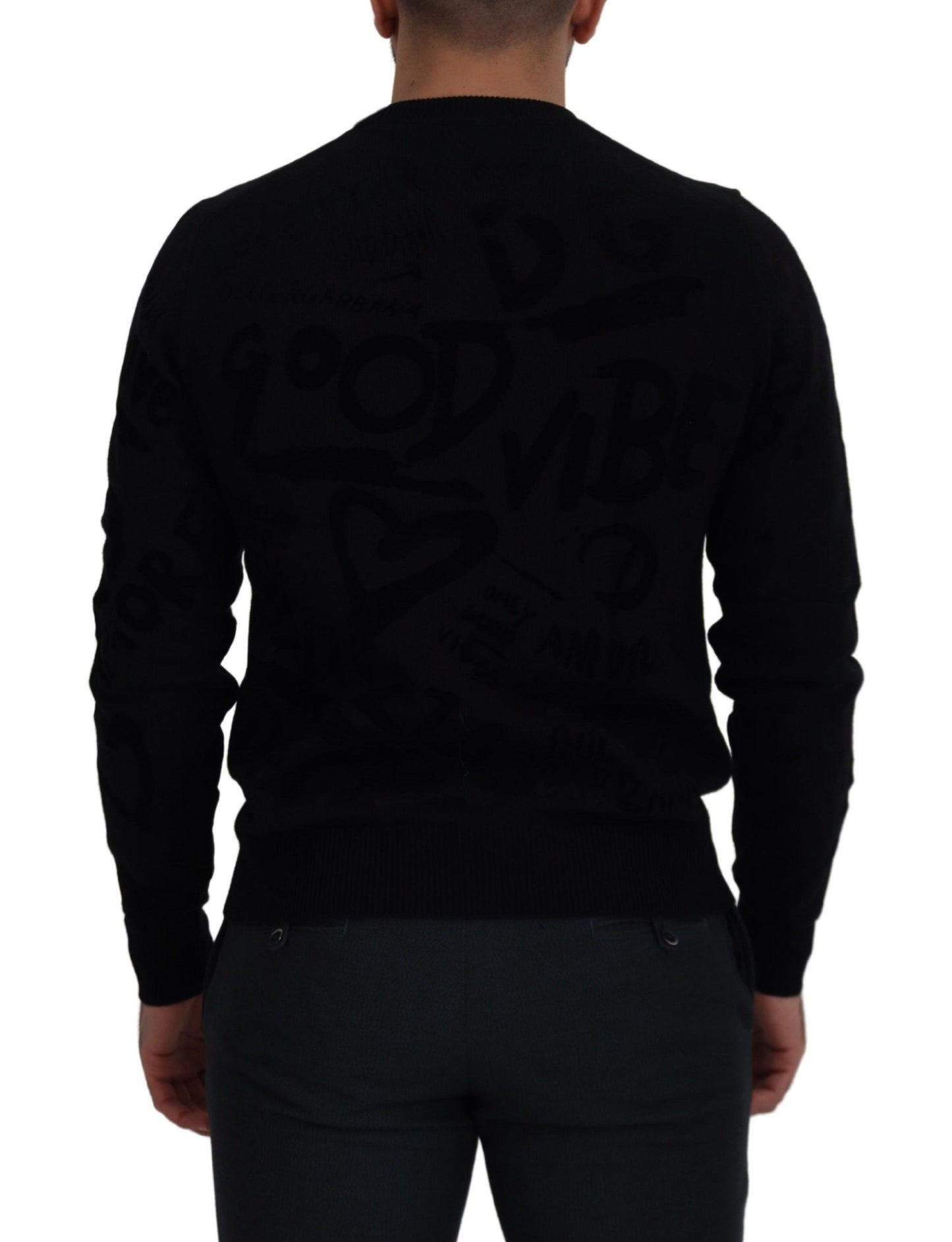 Dolce &amp; Gabbana Pullover mit Rundhalsausschnitt aus schwarzer Wolle mit Logomuster