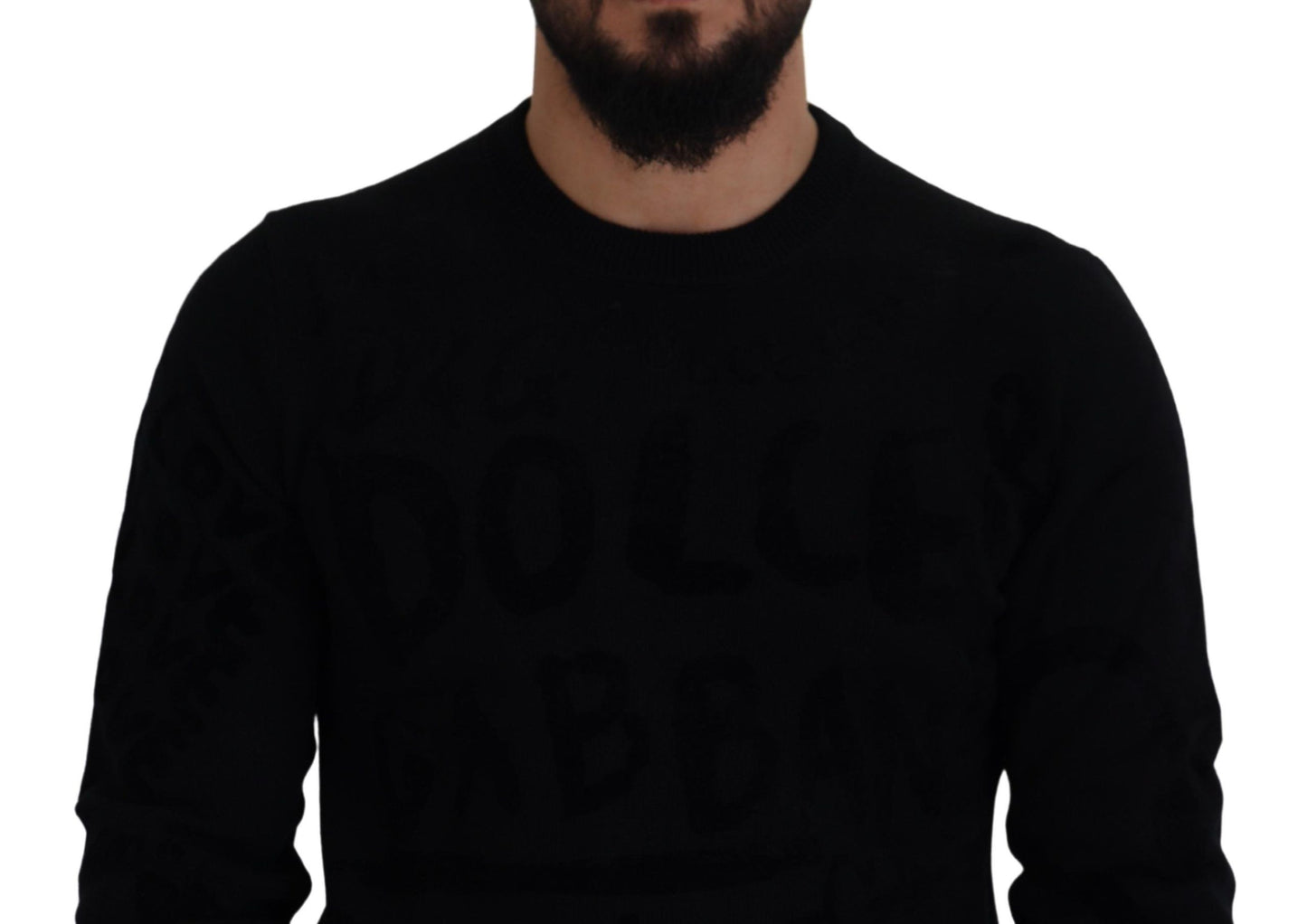 Dolce &amp; Gabbana Pullover mit Rundhalsausschnitt aus schwarzer Wolle mit Logomuster