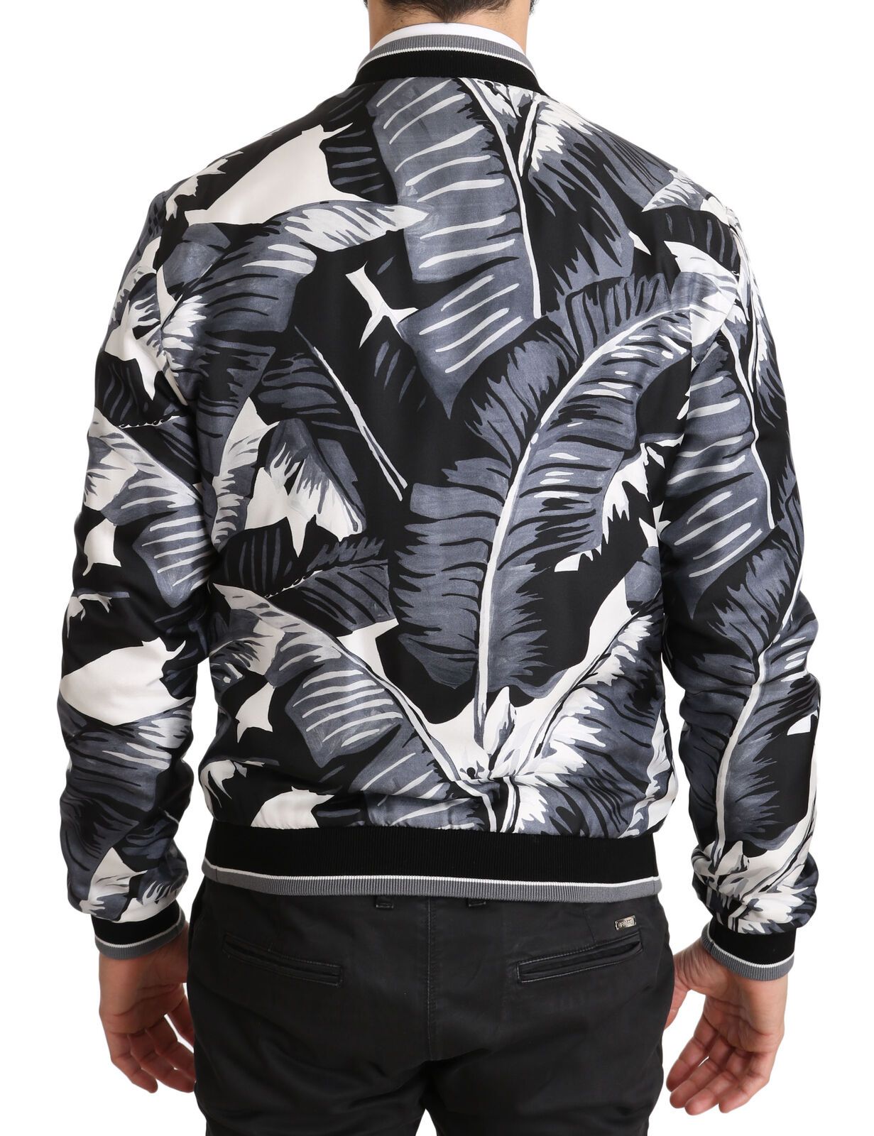 Dolce &amp; Gabbana Black Silk Banana Leaf Print Bomber Jacket