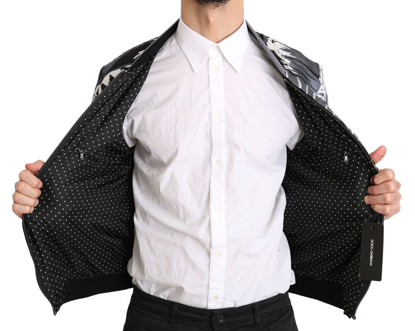 Dolce &amp; Gabbana Black Silk Banana Leaf Print Bomber Jacket